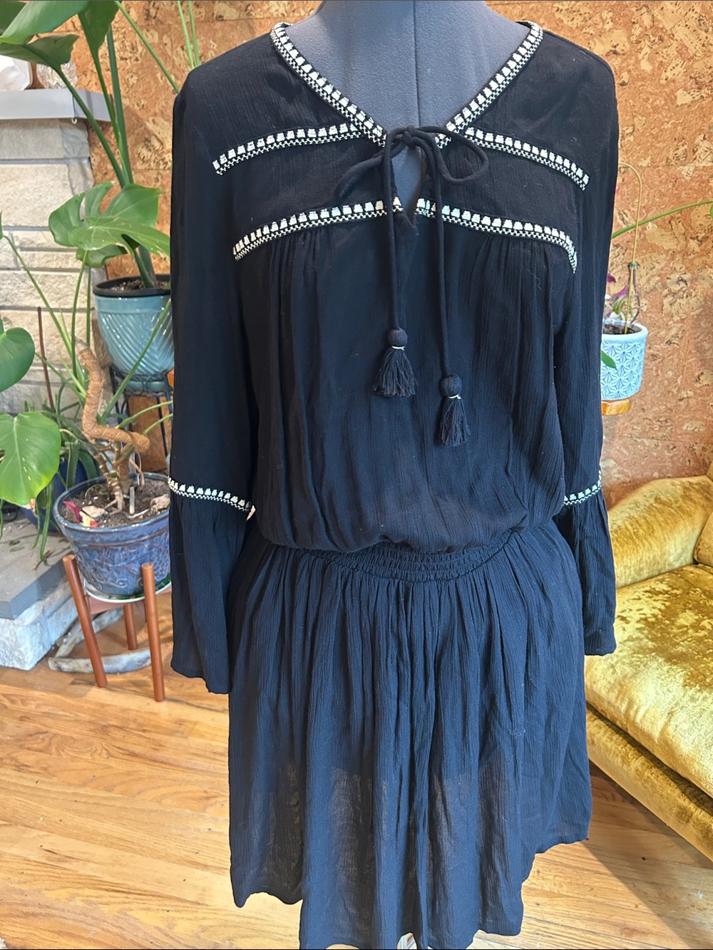 JUST Black Long-Sleeve Tassel Tie-Neck Embroidered Peasant Dress ✨EUC✨💯%Cotton